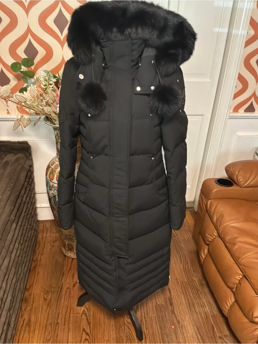 Moose Knuckles Black Long Quilted Down Puffer with Fur-Trim Hood
